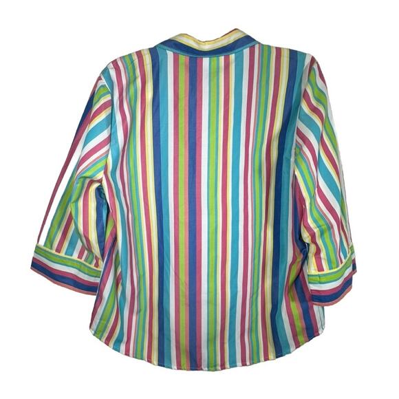 BLAIR Striped Button Down Shirt Top 3/4 Sleeve Womens Sz Large Colorful Rainbow - Picture 2 of 8